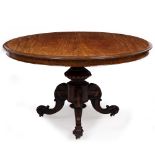 A VICTORIAN SATINWOOD AND ROSEWOOD CIRCULAR BREAKFAST TABLE