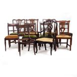 A SET OF SIX VICTORIAN MAHOGANY DINING CHAIRS with turned faceted front legs, inset seats together