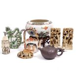 A MIXED LOT OF ORIENTAL ITEMS to include a Yixing style teapot, a crackle glazed bowl on carved
