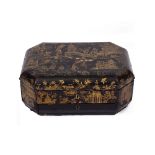 AN ANTIQUE CHINESE LACQUERED WORK BOX with canted corners, decorated in gold with figures amongst