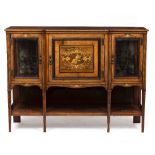 AN EDWARDIAN ROSEWOOD SIDE CABINET with satinwood and bone inlaid decoration, central decorative