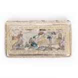 A CHINESE WHITE METAL BOX with embossed floral decoration and an inset mother of pearl panel,
