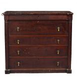 A 19TH CENTURY MAHOGANY CHEST OF FIVE DRAWERS with pilaster columns to either side, 115.5cm wide x