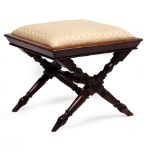 A MID 19TH CENTURY MAHOGANY DRESSING TABLE STOOL with inset seat and x frame supports united by a
