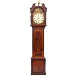 A 19TH CENTURY MAHOGANY EIGHT-DAY LONG CASE CLOCK with swan neck pediment and outset reeded