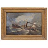 EARLY 20TH CENTURY STEAMER SHIP ON A ROUGH SEA oil on board, indistinctly signed, 28.5cm x 46cm