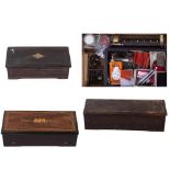 A GROUP OF FIVE SWISS MUSICAL BOX CASES of various sizes, some with workings within together with