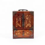 AN EARLY 20TH CENTURY ORIENTAL CARVED HARDWOOD TABLE TOP CABINET with five drawers and metal mounts,