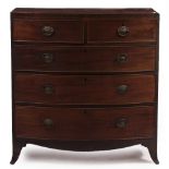 A GEORGE III BOW FRONTED CHEST OF TWO SHORT AND THREE LONG DRAWERS standing on outswept bracket