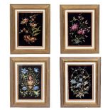 A SET OF FOUR FRENCH PRINTS depicting flowers on a black background, each 42cm x 29cm, mounted,