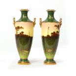A PAIR OF COALPORT PORCELAIN VASES OF NEOCLASSICAL FORM painted with country scenes by Arthur Perry,
