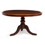 A MAHOGANY CIRCULAR TILT TOP DINING TABLE with crossbanded top, turned support and tripod base,