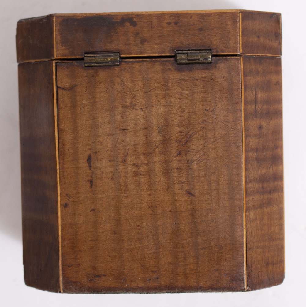 A GEORGE III MAHOGANY AND SATINWOOD TEA CADDY of hexagonal form, 11.5cm wide x 12cm high; a pair - Image 3 of 9