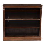 AN EARLY 20TH CENTURY WALNUT OPEN FRONT BOOKCASE raised on a plinth base, 122cm wide x 29.5cm deep x