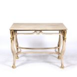 A CREAM PAINTED RECTANGULAR CENTRE TABLE with parcel gilt swans head finials to the legs, each