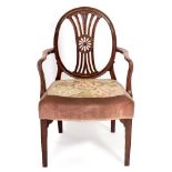 A 19TH CENTURY OPEN ARMCHAIR with a pierced splat back, in the Hepplewhite style with an embroidered