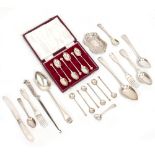 TWO GEORGIAN SILVER SERVING SPOONS, two silver dessert spoons, two Victorian silver forks, a