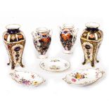 A PAIR OF ROYAL CROWN DERBY IMARI DECORATED VASES on four splaying feet, 16.5cm high together with