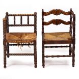 TWO LOW CORNER CHAIRS one with carved splats, the other with bobbin turned decoration, both with