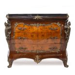 A LOUIS XVI STYLE MARBLE TOPPED SERPENTINE BOMBE COMMODE with cast metal mounts and three drawers,