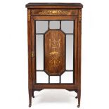 A VICTORIAN ROSEWOOD MUSIC CABINET with decorative inlay and mirror inset door, all standing on