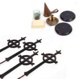A MIXED LOT to include glass marbles, four cast iron crosses each 60cm in height; a bakelite box;