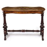 A VICTORIAN WALNUT AND ROSEWOOD SERPENTINE CENTRE TABLE with crossbanded decoration to the top,