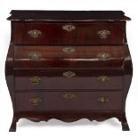 A 19TH CENTURY MAHOGANY BOMBE COMMODE of four drawers with outswept bracket feet, 90cm wide x 49cm
