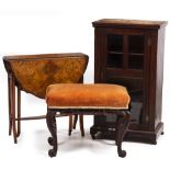 A 19TH CENTURY MAHOGANY DRESSING TABLE STOOL with overstuffed upholstered seat and scrolling