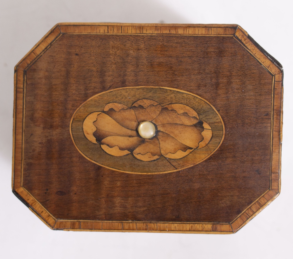 A GEORGE III MAHOGANY AND SATINWOOD TEA CADDY of hexagonal form, 11.5cm wide x 12cm high; a pair - Image 4 of 9