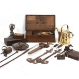 A MIXED GROUP OF ITEMS to include a brass watering can, a cast Spelter oil lamp base, an oak box