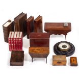 A COLLECTION OF VARIOUS MONEY BOXES AND OTHER WOODEN BOXES some in the form of miniature pieces of