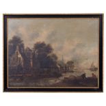 18TH CENTURY DUTCH SCHOOL River scene with figures by a tavern, oil on panel, 40.5cm x 53.5cm