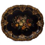 A VICTORIAN BLACK LACQUERED PAPIER MACHE TRAY with a gilded border and a hand painted floral