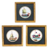 A SET OF THREE ORIENTAL CIRCULAR PITH PAPER PICTURES depicting boats, each 10.5cm diameter and set