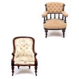 A VICTORIAN MAHOGANY FRAMED ARMCHAIR with scrolling supports to the arms and on turned tapering