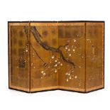 AN ORIENTAL PAINTED FOUR FOLD SCREEN decorated with tree blossom, in a gilt border, signed lower