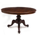 A VICTORIAN MAHOGANY CIRCULAR DINING TABLE with turned support and tripod base terminating in scroll