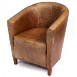 A BROWN LEATHER UPHOLSTERED TUB CHAIR MADE BY HALO with square taping feet, 65cm wide x 67cm deep