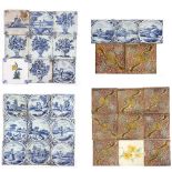 A COLLECTION OF TWENTY VARIOUS BLUE AND WHITE DELFT TILES a later polychrome tile and a collection