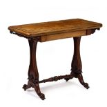 A MID VICTORIAN WALNUT CARD TABLE with a hinged top, lyre shaped end supports and turned