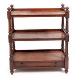 A VICTORIAN MAHOGANY THREE TIER BUFFET with turned finials, turned and fluted supports, single