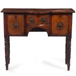 A 19TH CENTURY MAHOGANY BOW FRONTED SIDEBOARD with three drawers and ring turned tapering legs,