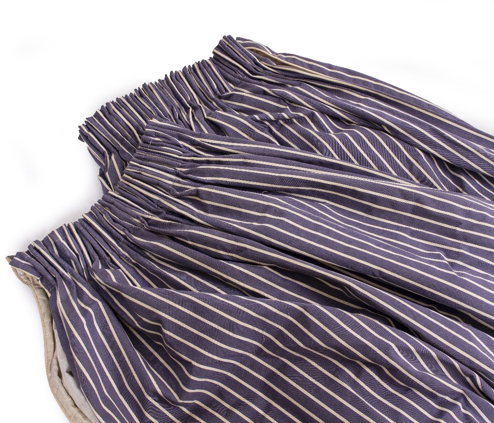 THREE PAIRS OF NAVY AND WHITE PINSTRIPE CURTAINS each with an additional navy coloured tie with