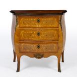 AN 18TH CENTURY FRENCH STYLE WALNUT SERPENTINE COMMODE with marquetry inlay and cast metal mounts,