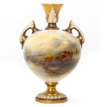 A ROYAL WORCESTER VASE decorated with Highland cattle by James Stinton, with flaring rim and