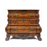 A 18TH CENTURY WALNUT AND MARQUETRY DECORATED BOMBE COMMODE with serpentine top, ormolu handles