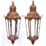 A PAIR OF CHINOISERIE STYLE HEXAGONAL IRON LANTERNS 184cm high overall