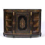 A VICTORIAN EBONISED CREDENZA OR SIDE CABINET with boxwood marquetry inlay overall and ormolu