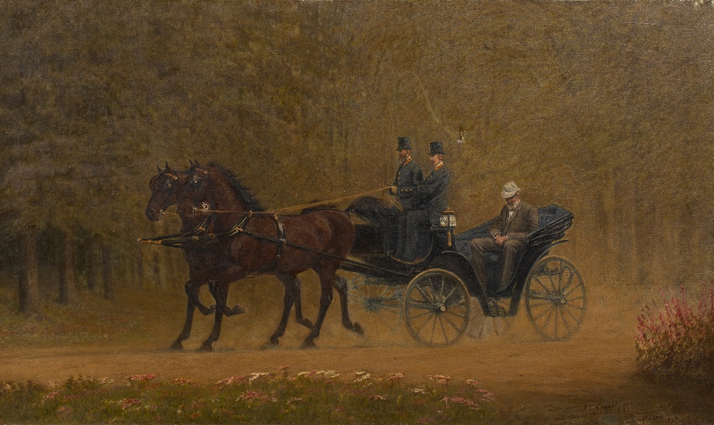 JOHANNES ELISA CRILLART (1816-1898) A horse drawn carriage in parkland, signed, inscribed and